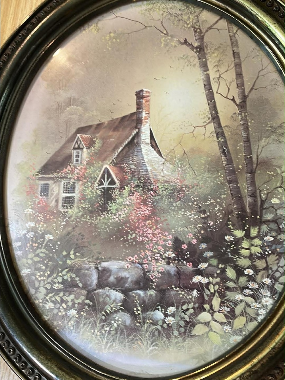 Syroco 1982 Oval Gold Plastic Picture Frame Cottage In Forest Birch Tree